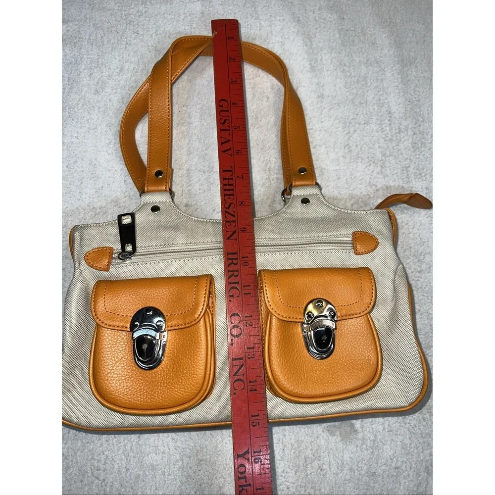 Zipper Hobo Bag Purse Pocketbook Linen Leather Orange Tan Pockets